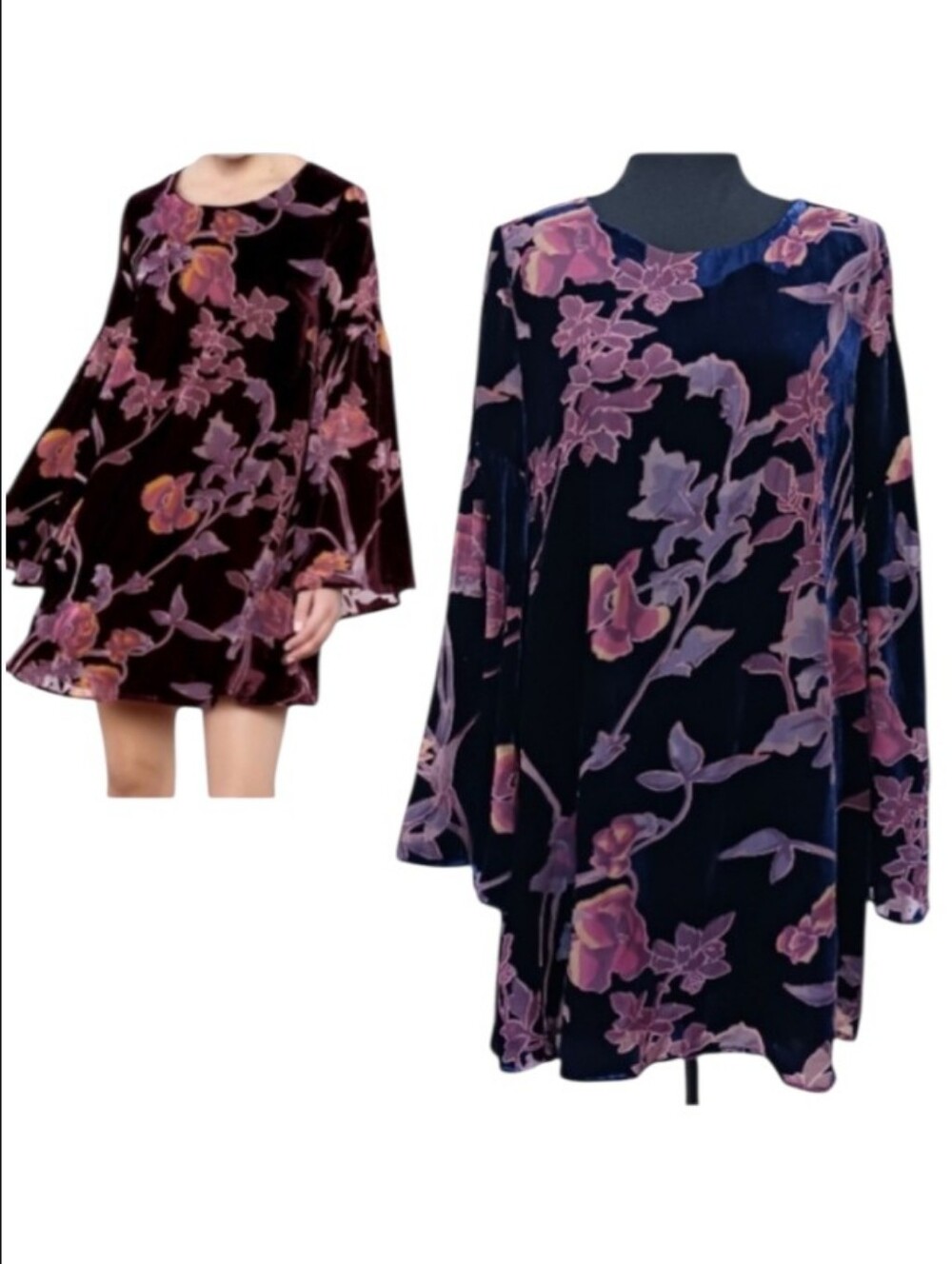 Love Riche Lonnie Velvet Burnout Floral Mini Swing Dress Bell Sleeve